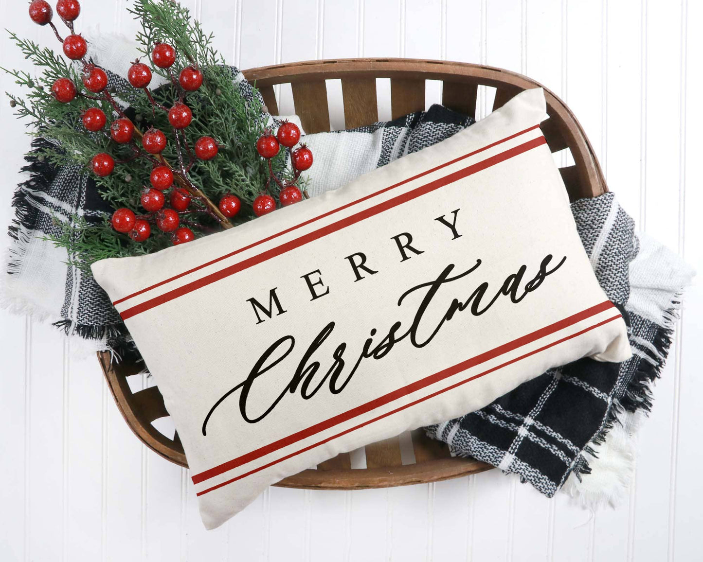 Merry Christmas Pillow Cover Farmhouse stripes 12x20 inch