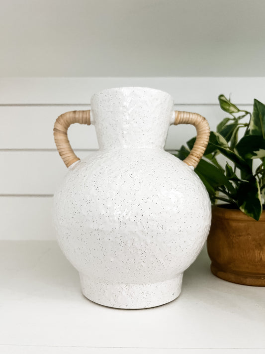 Rattan Wrapped Handle Vase Off White Medium